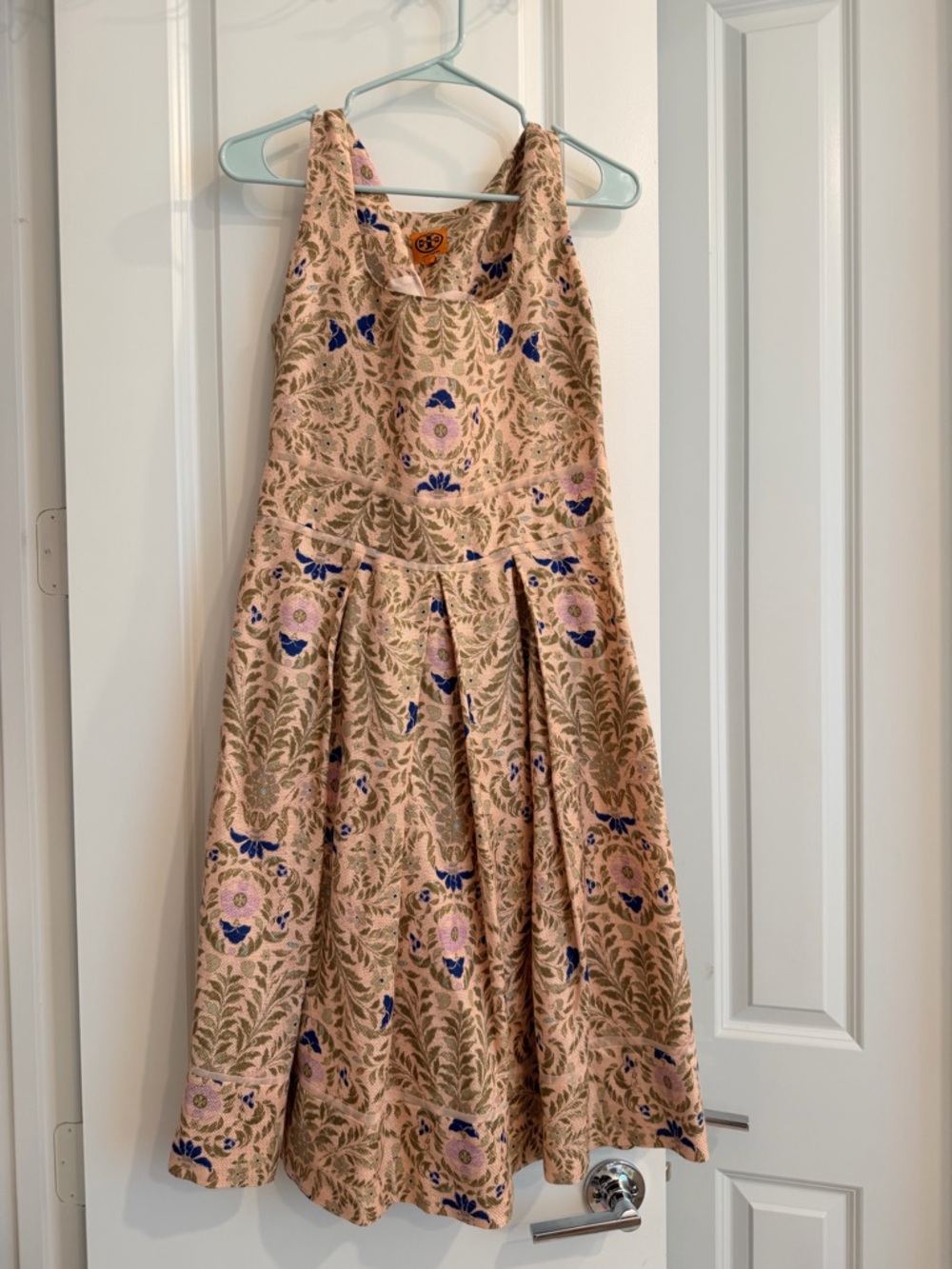 Tory Burch Beige Floral Fit-and-Flare Dress with Blue and Green Accents